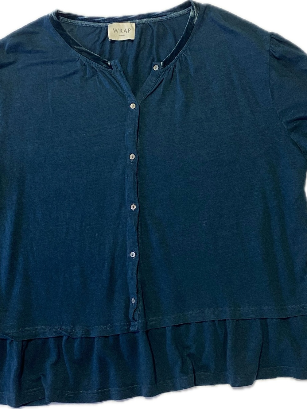 Wrap London Dark Navy Button-Front Ruffle Hem Blouse